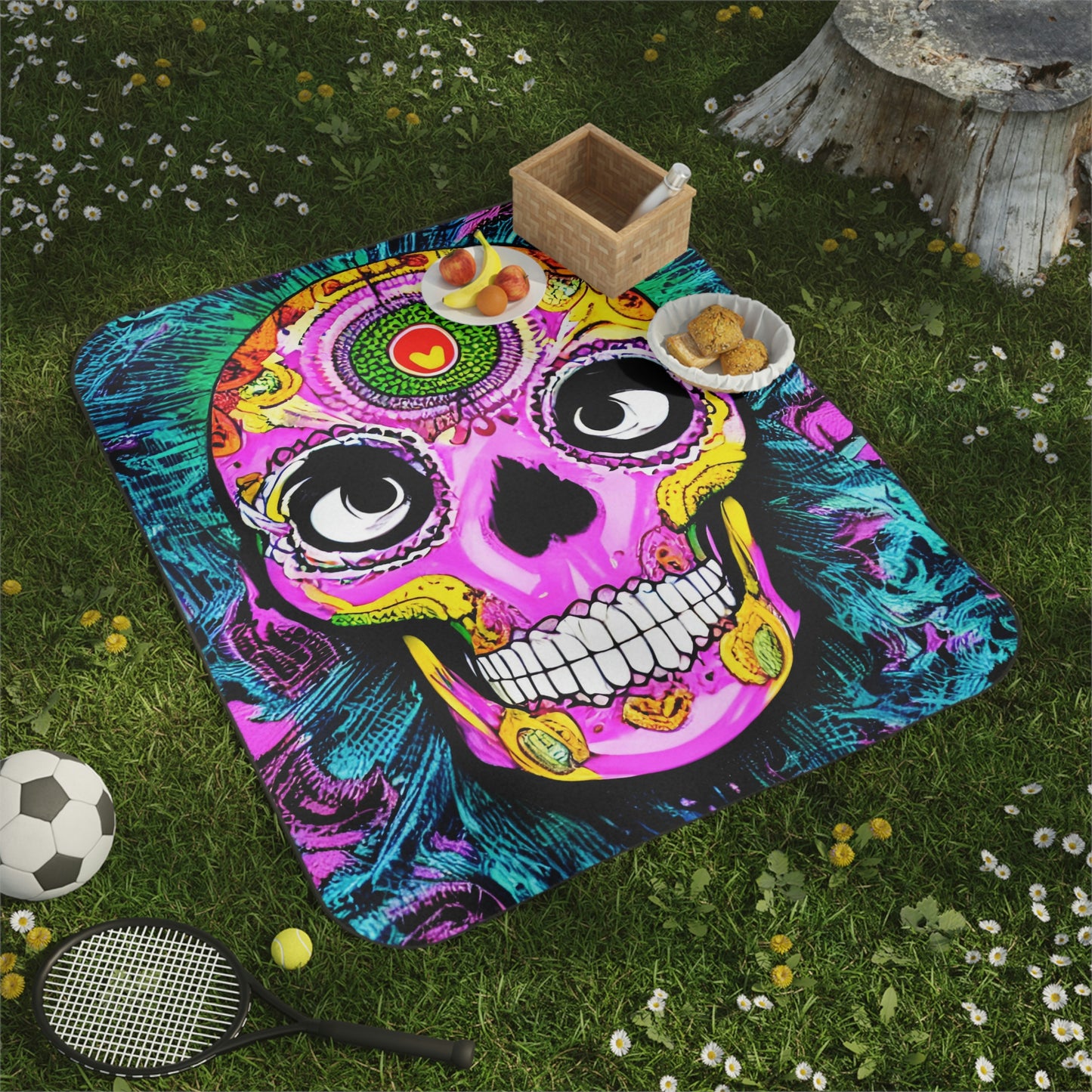 Manta Para Picnic Cara de cabeza de esqueleto de calavera psicodélica trippy