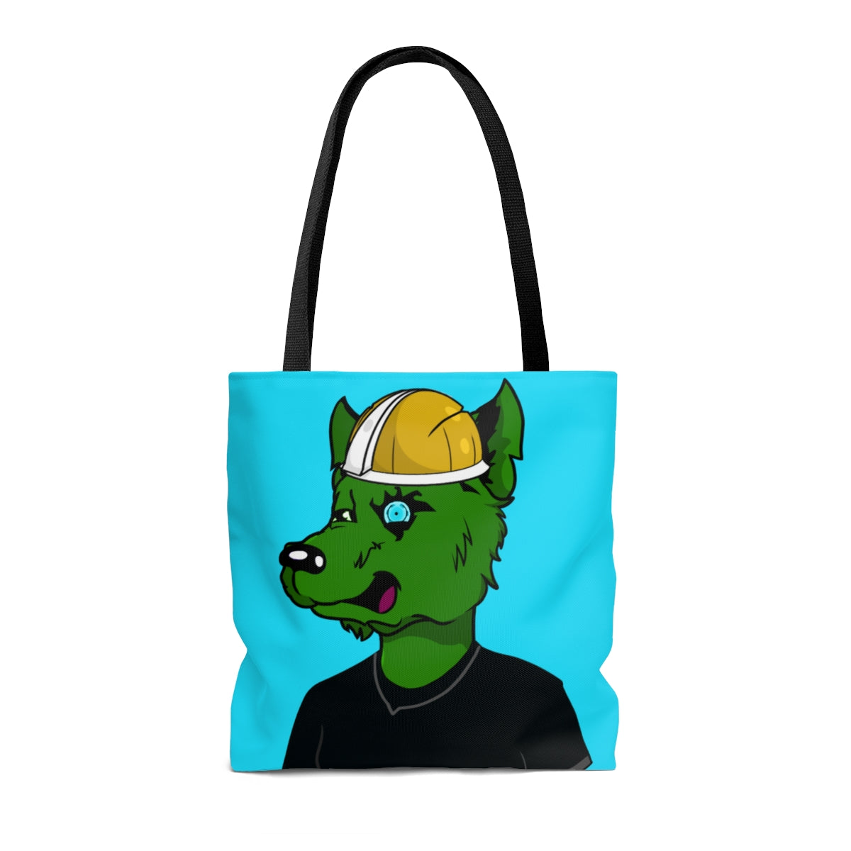 Cyborg Wolve Green Fur Black T Shirt Gold Miner Mining Mine Helmet Blue Bionic Eye AOP Tote Bag