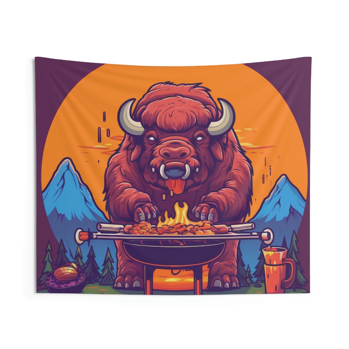 American Bison Grill Cook Food Buffalo Graphic Indoor Wall Tapestries