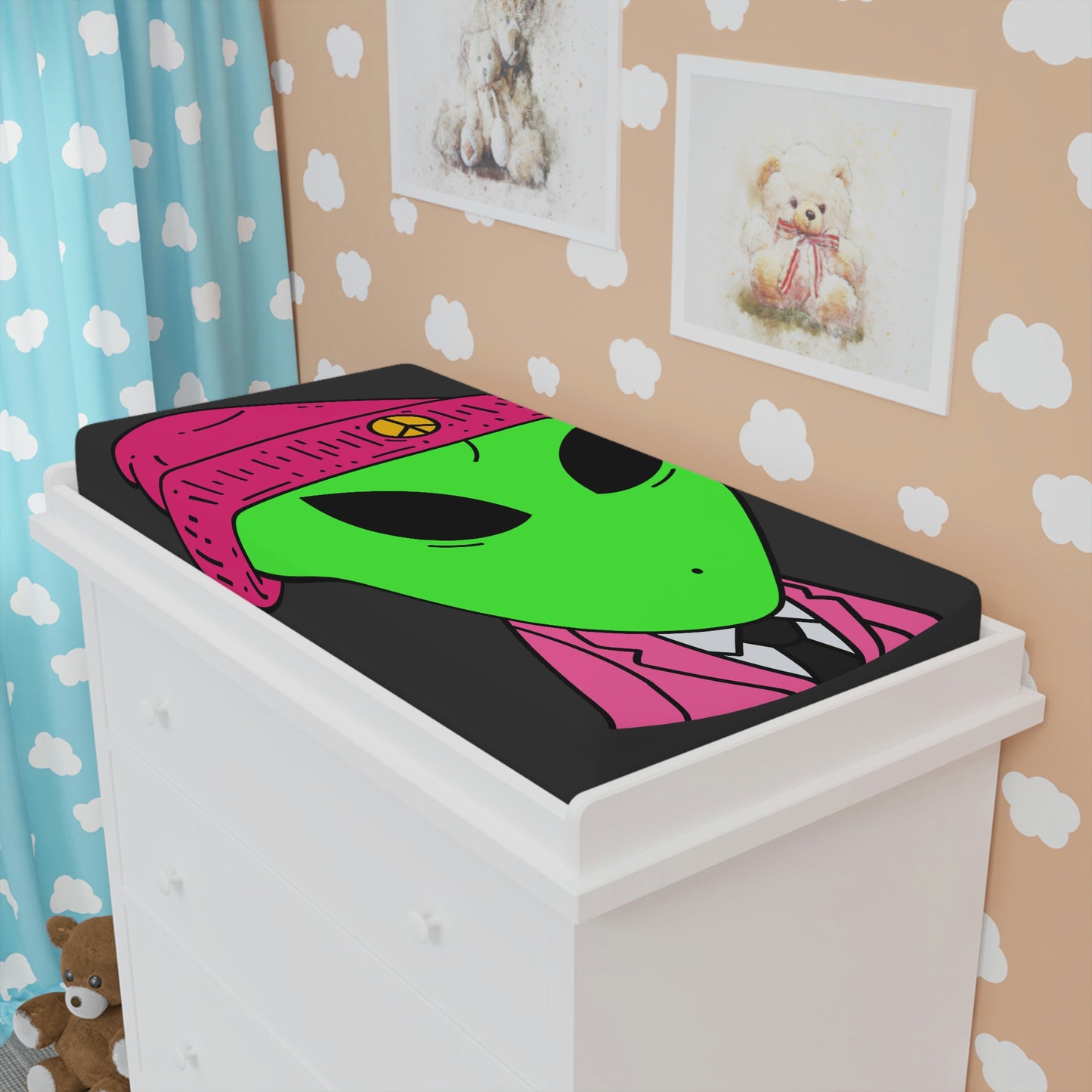 Visitor Green Alien Peace Hat Baby Changing Pad Cover