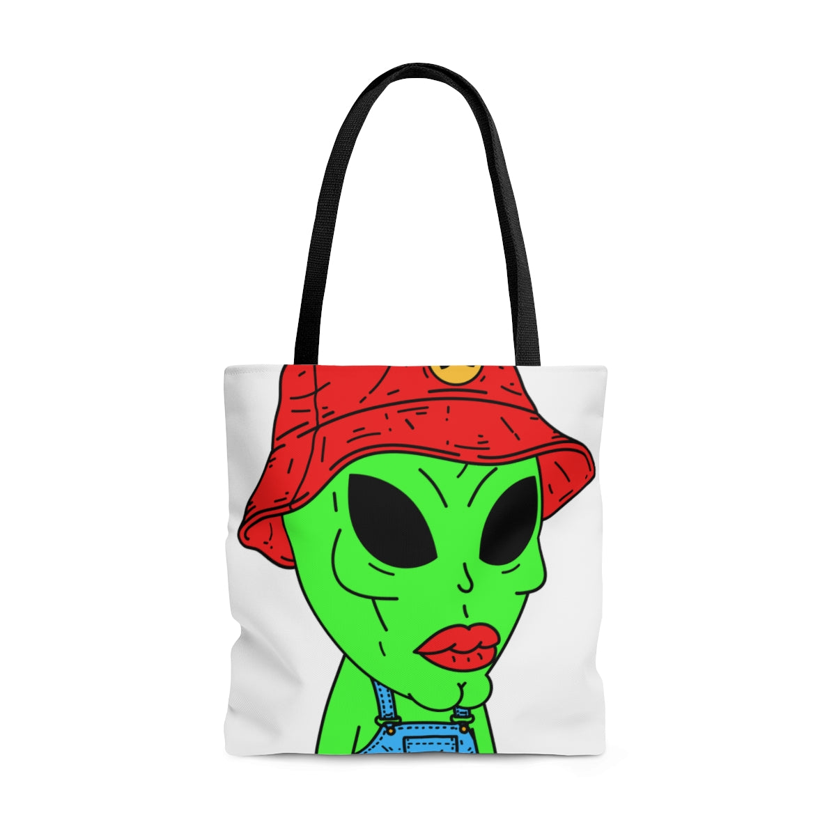 Old Green Alien Strong Chin Red Visi Hat Farmer Trouser Visitor AOP Tote Bag