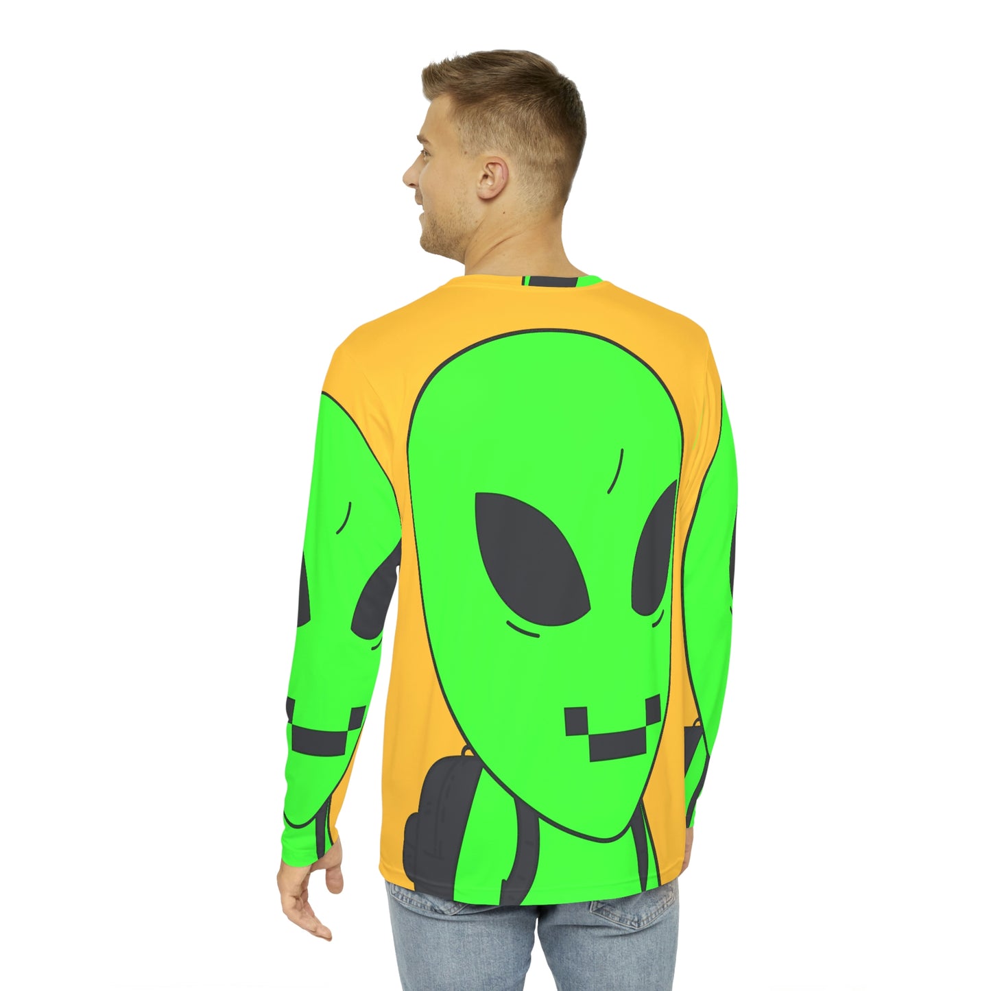 Green Alien Visitor Digital Face Black Backpack Men's Long Sleeve AOP Shirt