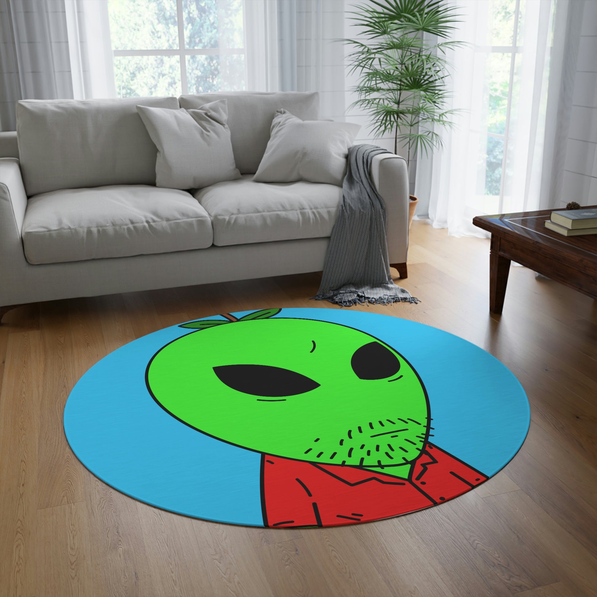 Green Apple Head Alien Unshaven Red Collar Shirt Visitor Round Rug - Visitor751