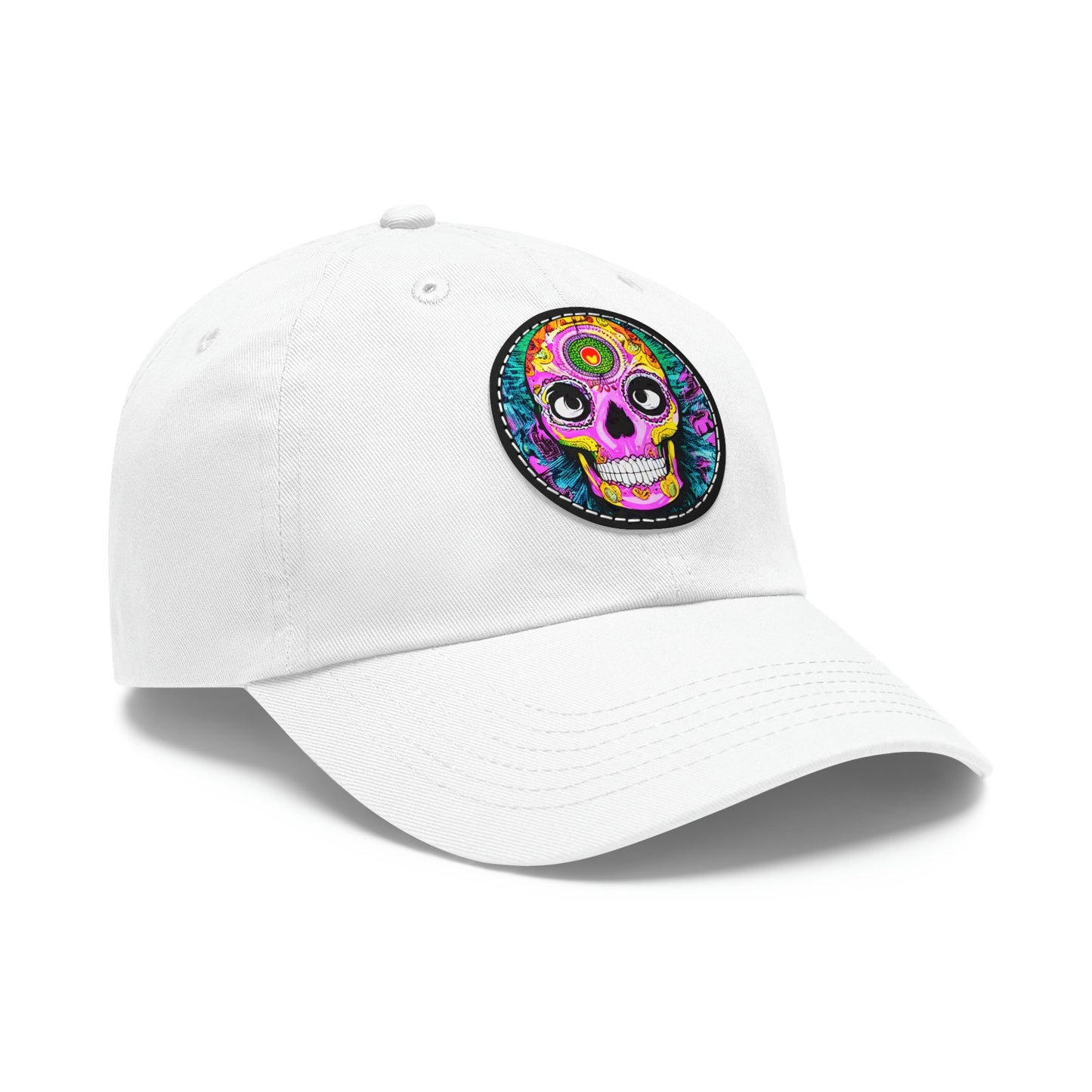 Trippy psychedelic Skull Skeleton Head Face Dad Hat with Leather Patch (Round)