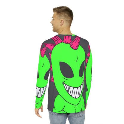 Camisa AOP de manga larga para hombre con pelo rosa con pinchos, gran sonrisa, verde, alienígena, visitante 