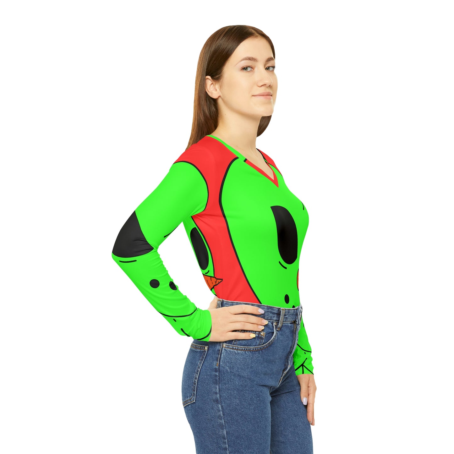 Veggie Visi Alien Vegetal Visitor Camisa Mujer Manga Larga Cuello Pico 