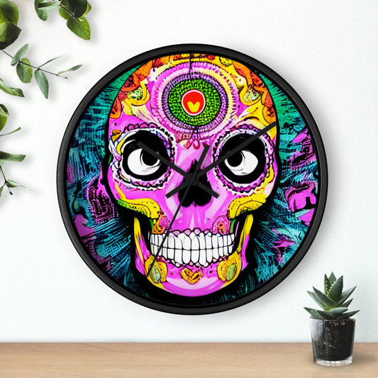 Trippy psychedelic Skull Skeleton Head Face Wall clock