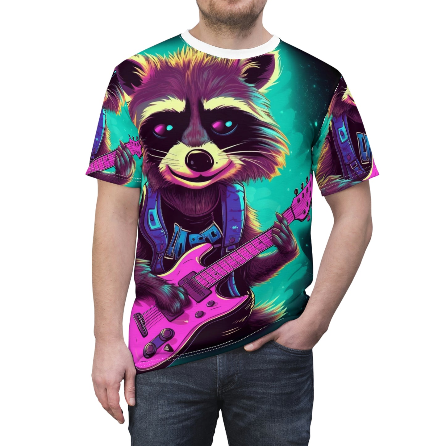 Raccoon Guitar Music Player Furry Animal Rock Star Unisex Cut & Sew Tee (AOP)