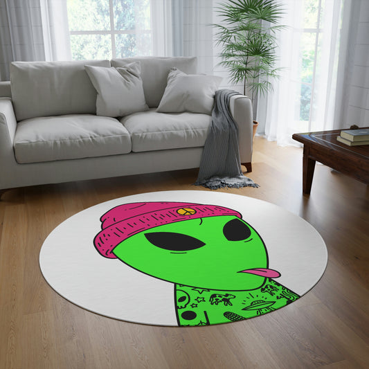 Pink Tongue Peace Hat Alien Tattoos UFO Space Extraterrestrial Visitor Round Rug - Visitor751