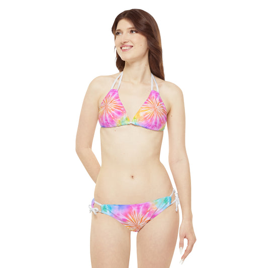 Boho Beach Vibe Pastel Hues Tie-Dye Pattern Design Strappy Bikini Set (AOP)