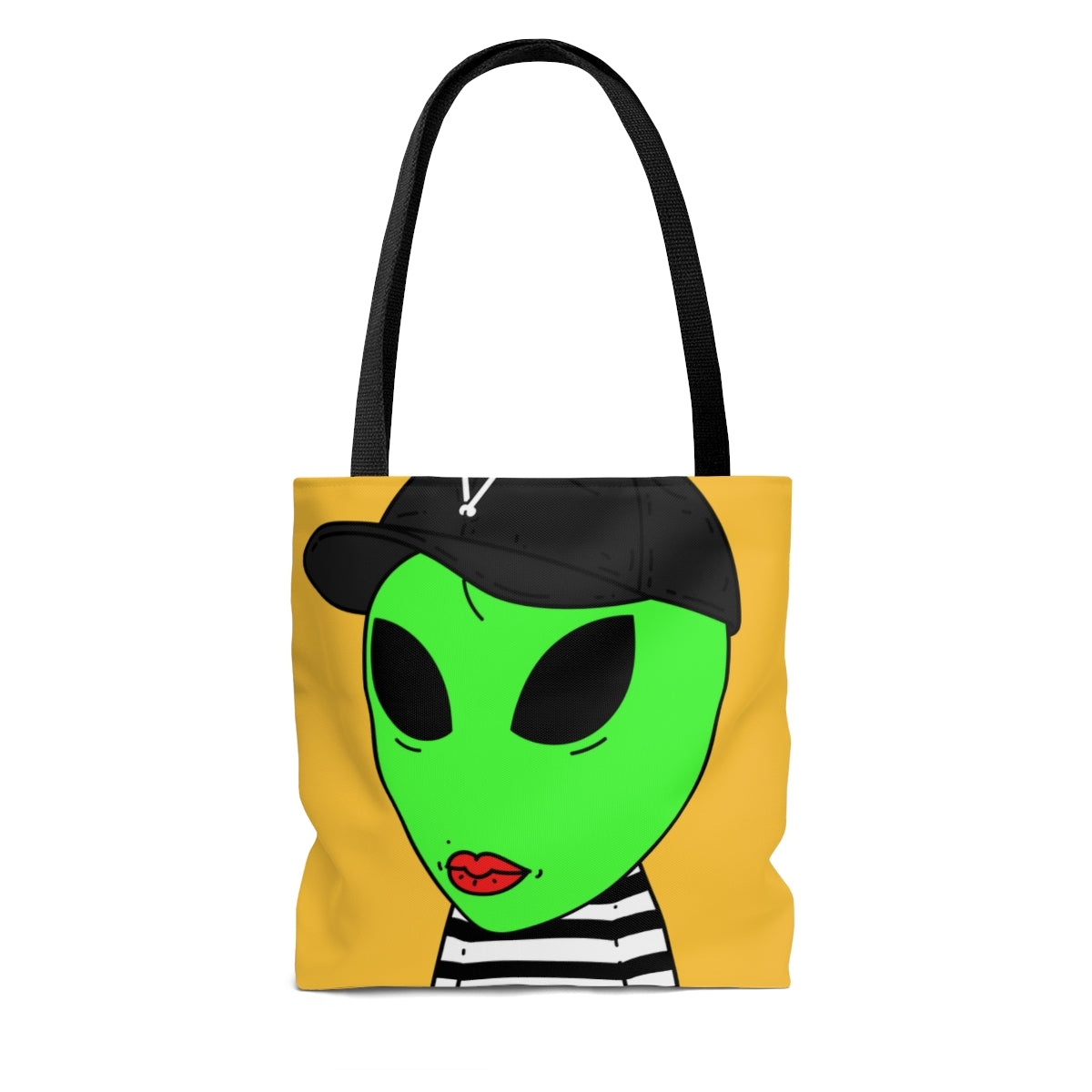 Black Striped Shirt Visitor Green Alien Black Cap V Lipstick AOP Tote Bag