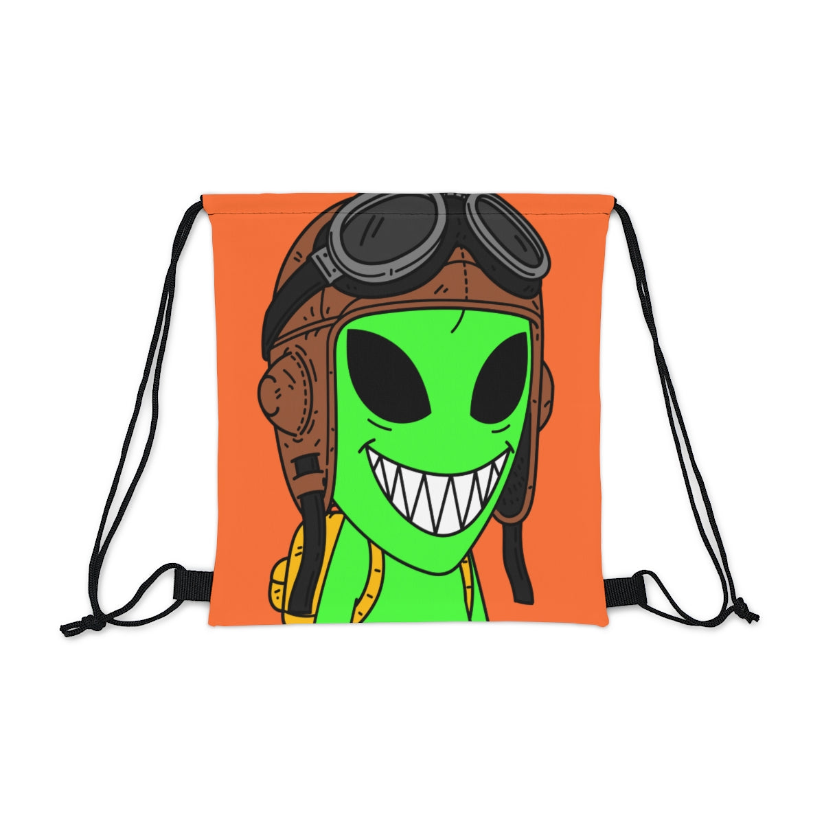 Aviator Flying Cap Green Alien Visitor Big Smile Teeth Yellow Backpack Outdoor Drawstring Bag