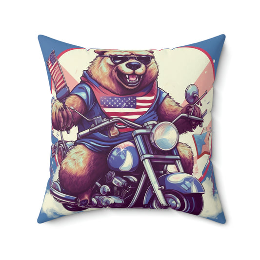 Roaring American Pride: Patriotic Bear 4th of July Motorcycle Adventure Spun Polyester Square Pillow