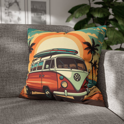 Retro Beach Camper Van - Sunset Surfboard Scene Spun Polyester Square Pillow Case