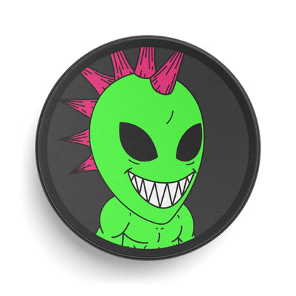 Spiked Pink Hair Muscle Big Smile Green Alien Visitor Hockey Puck