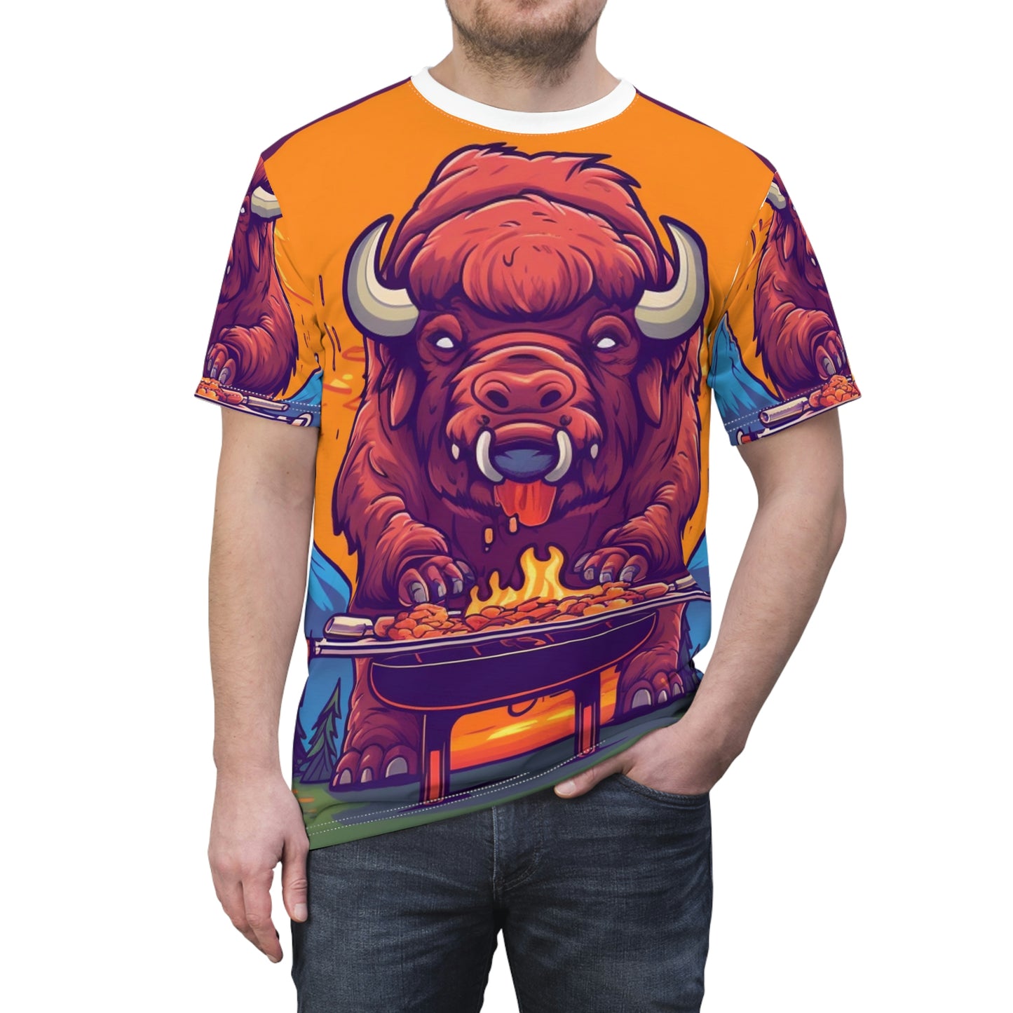 American Bison Grill Cook Food Buffalo Graphic Camiseta unisex cortada y cosida (AOP)