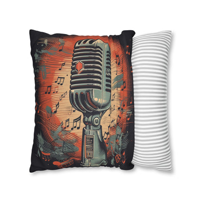 Micrófono retro y notas musicales - Funda de almohada cuadrada de poliéster hilado con diseño de estilo vintage 