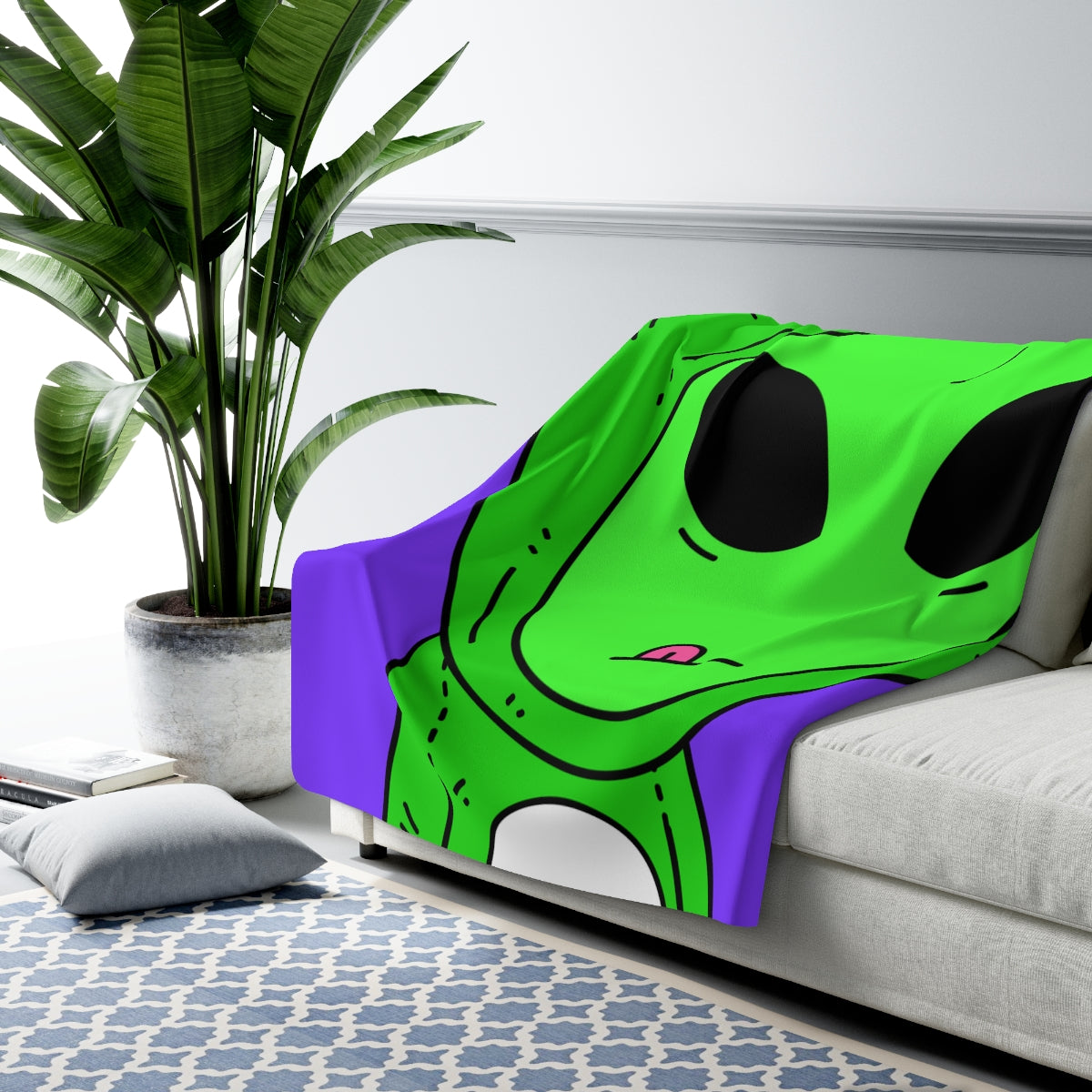 Green Kek Frog Alien Space Character Cartoon Pink Tongue Visitor Sherpa Fleece Blanket