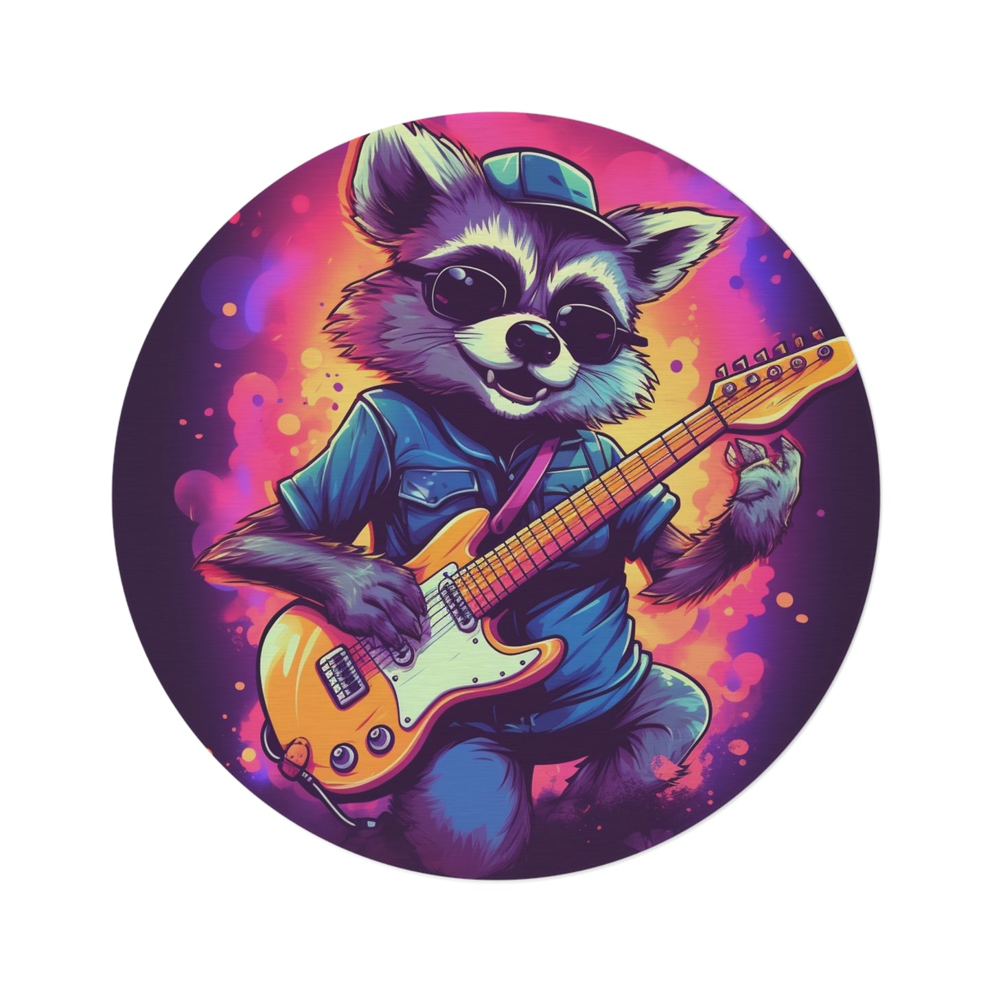 Furry Raccoon Guitarist - Rock Star Animal Music Decor Round Rug