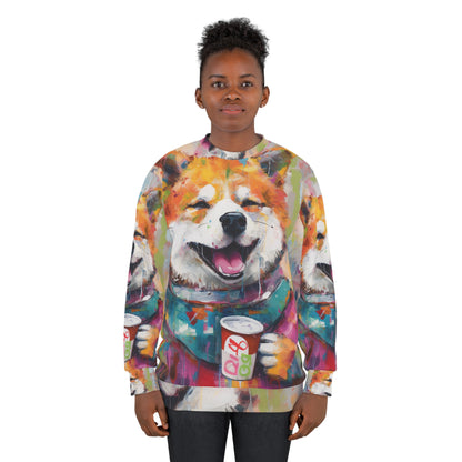 Arte estilo graffiti Shiba Inu bebiendo café: sudadera unisex de diseño colorido, feliz y post-apocalíptico (AOP) 