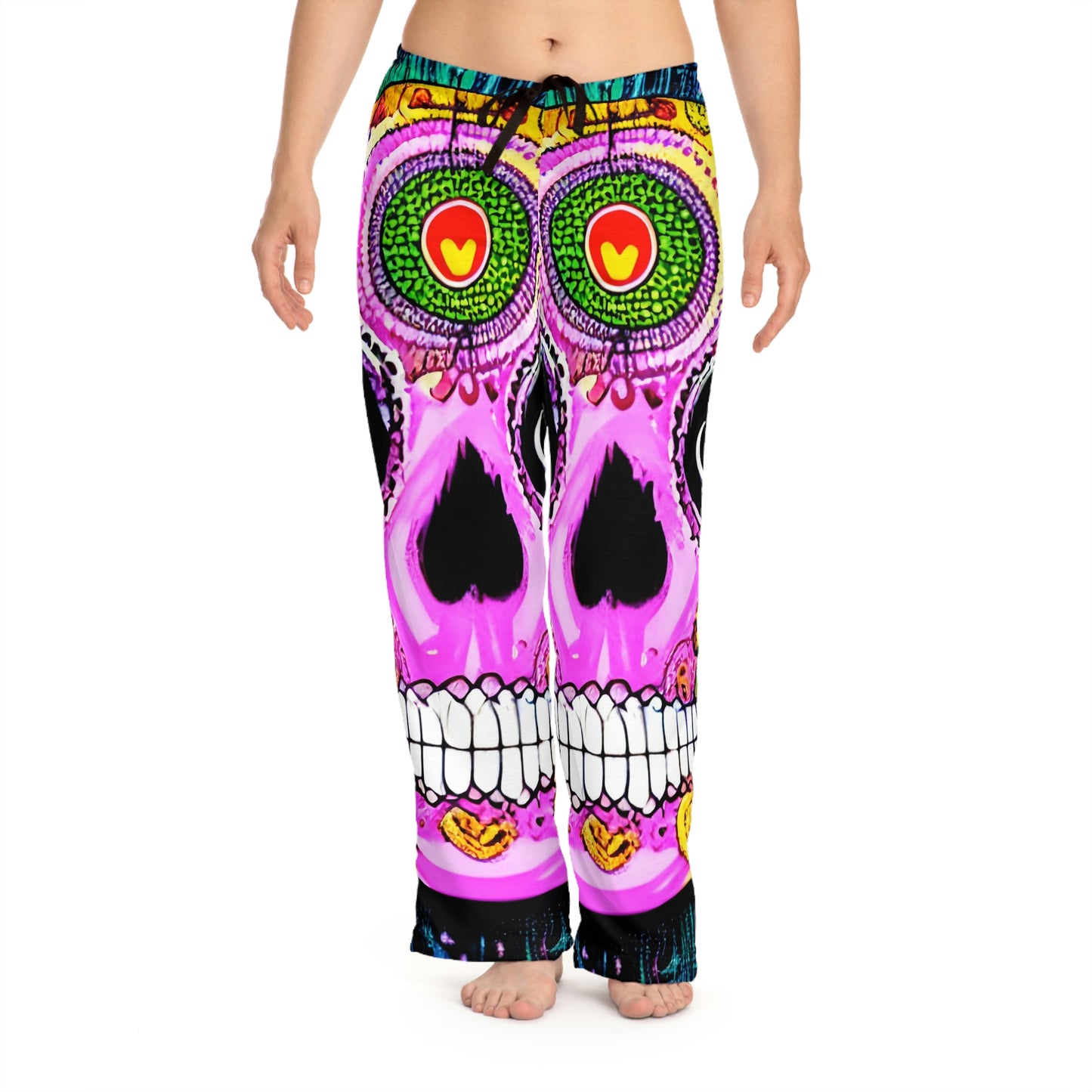 Pantalones de pijama para mujer con cara de esqueleto y calavera psicodélica trippy (AOP) 