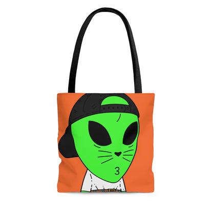 Cat Whiskers Visitor Green Alien Heart Nose Black Cap AOP Tote Bag