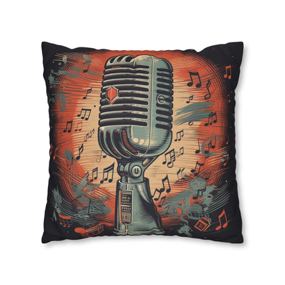 Micrófono retro y notas musicales - Funda de almohada cuadrada de poliéster hilado con diseño de estilo vintage 