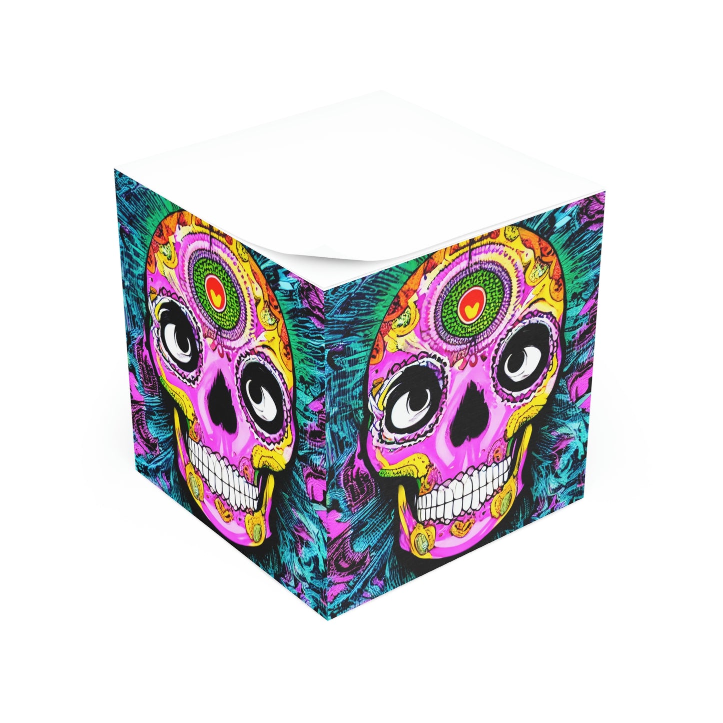 Cubo de notas con cara de cabeza de esqueleto de calavera psicodélica trippy 