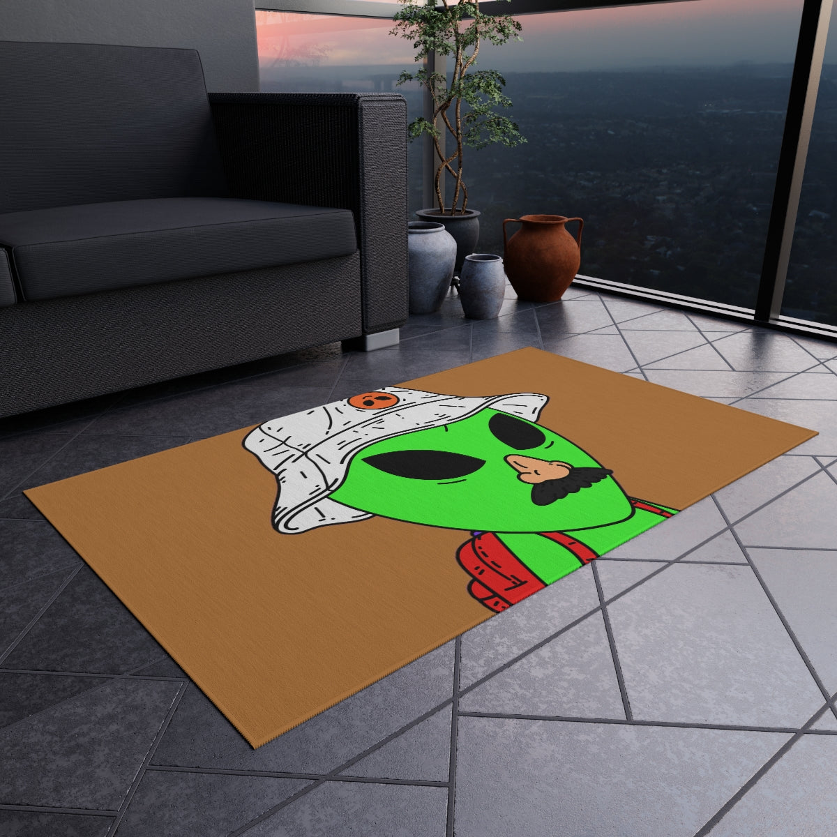 The Visitor Green Alien Space Traveler Outdoor Rug