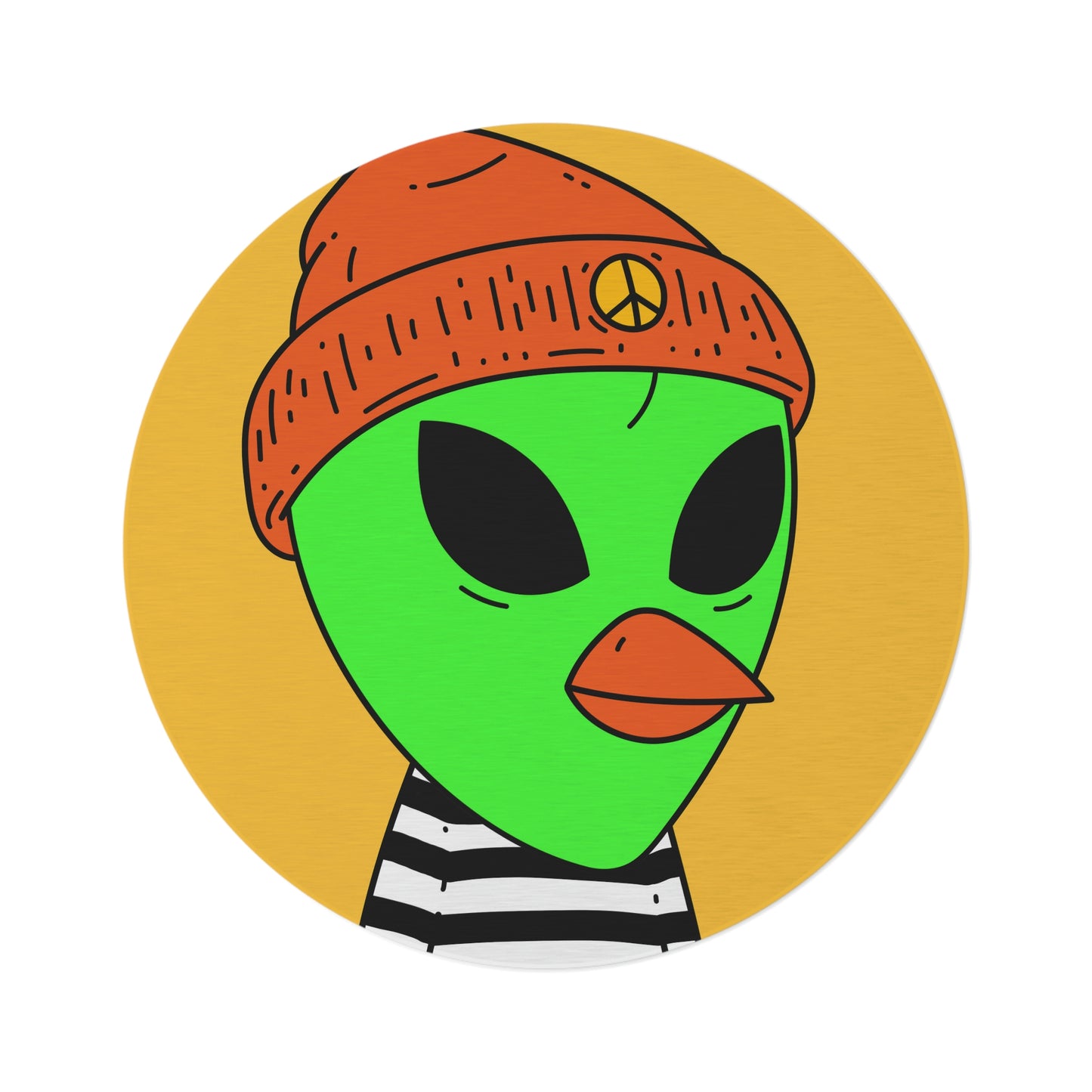 Burb Beak Green Alien Orange Peace Hat Black White Striped Shirt Round Rug - Visitor751