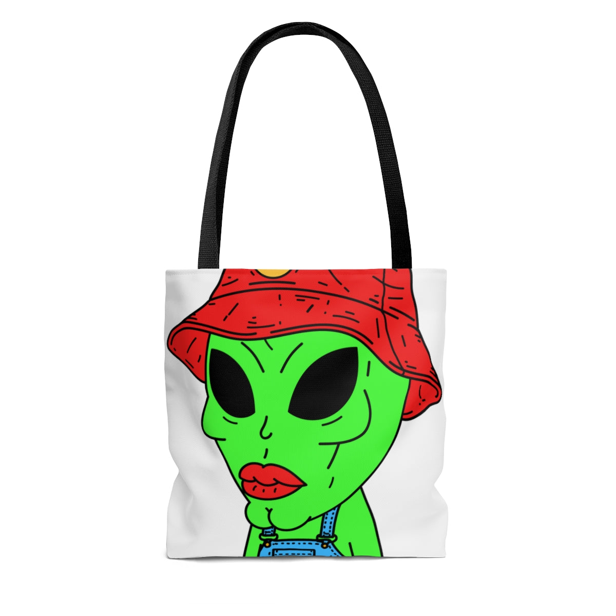 Old Green Alien Strong Chin Red Visi Hat Farmer Trouser Visitor AOP Tote Bag