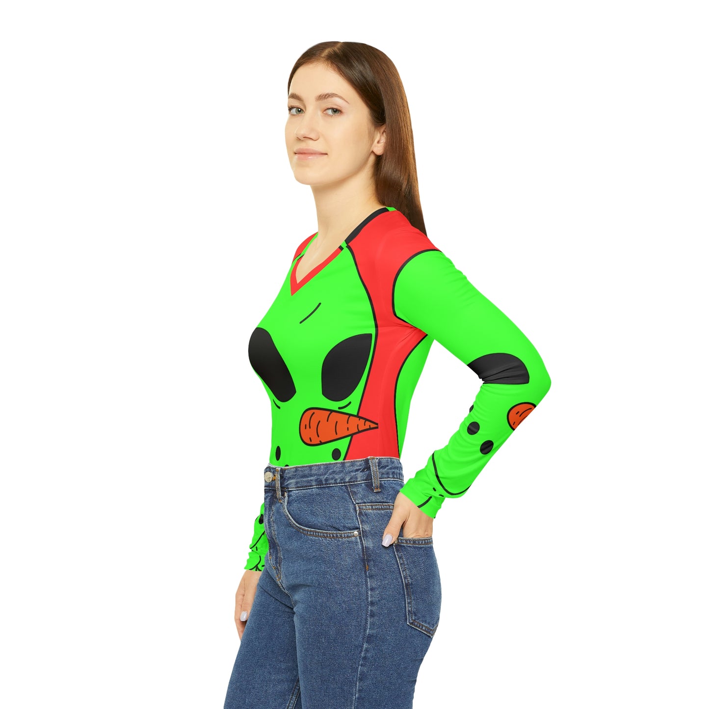 Veggie Visi Alien Vegetal Visitor Camisa Mujer Manga Larga Cuello Pico 