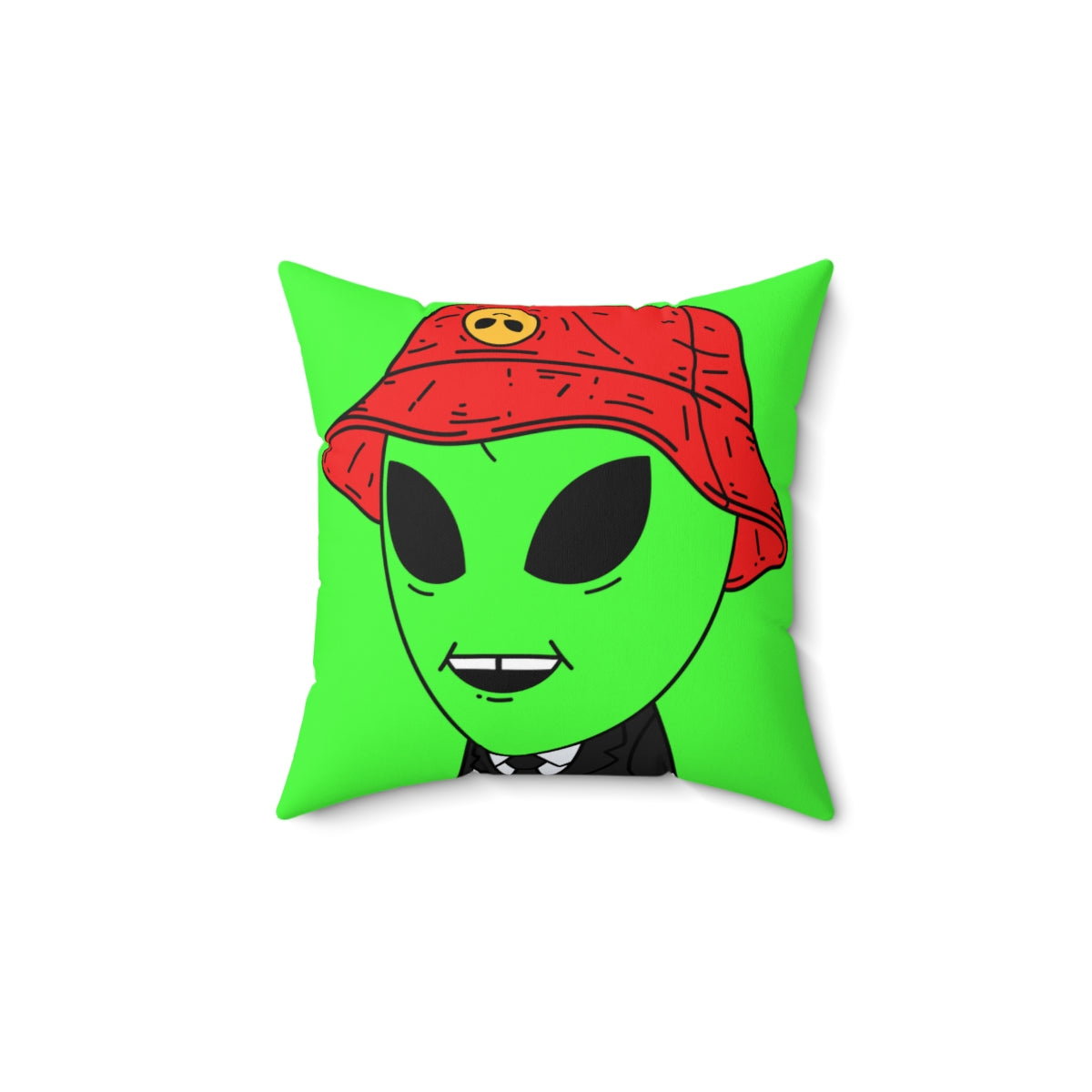 Extra Green Alien Black Suit Business Visitor Red Visi Hat Chipped Tooth Smile Spun Polyester Square Pillow