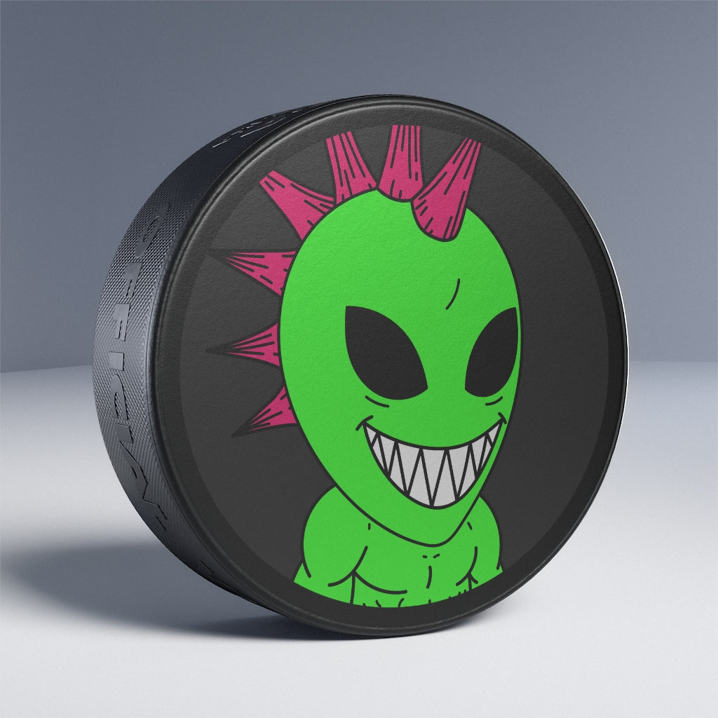 Spiked Pink Hair Muscle Big Smile Green Alien Visitor Hockey Puck