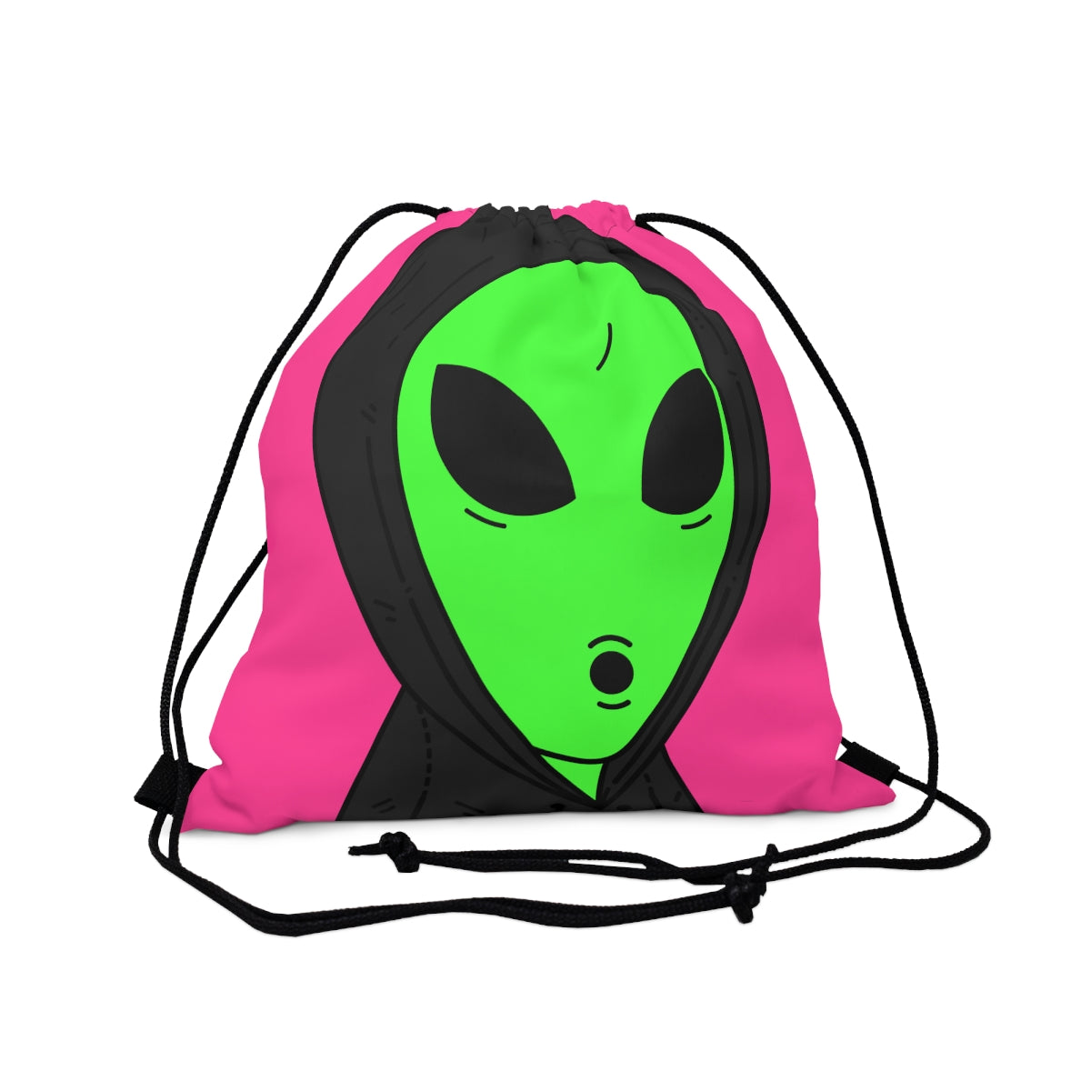 The Visitor Green Alien Sudadera con capucha negra Fondo rosa al aire libre Mochila saco