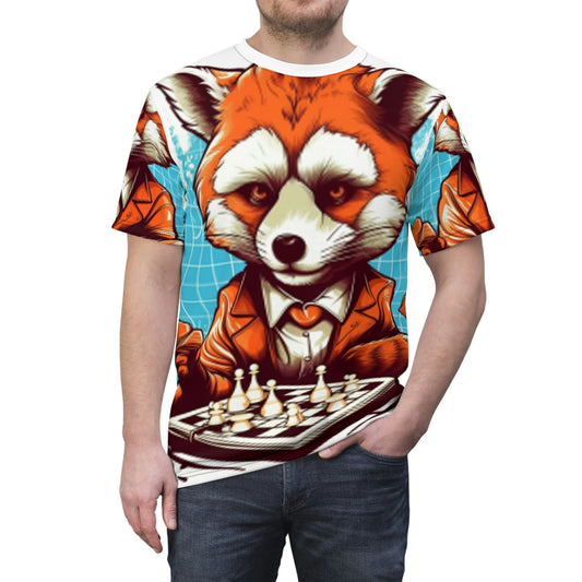 Red Panda Chess Player Juego de estrategia Gráfico Camiseta unisex cortada y cosida (AOP) 