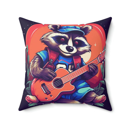 Mapache de guitarra acústica - Almohada cuadrada de poliéster hilado con decoración de músico animal peludo 