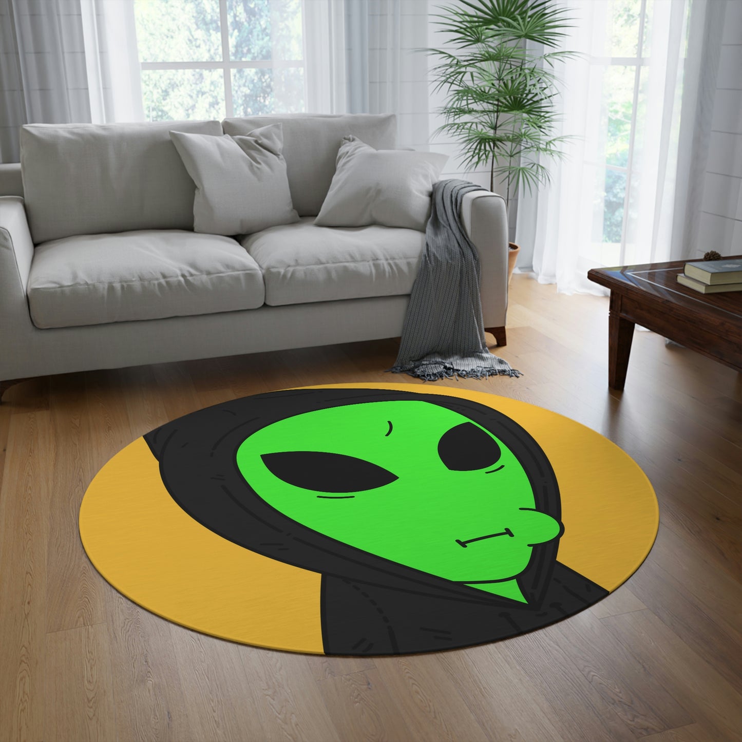 Green Alien Black Hoodie Sweatshirt Cartoon Character Visitor Round Rug - Visitor751