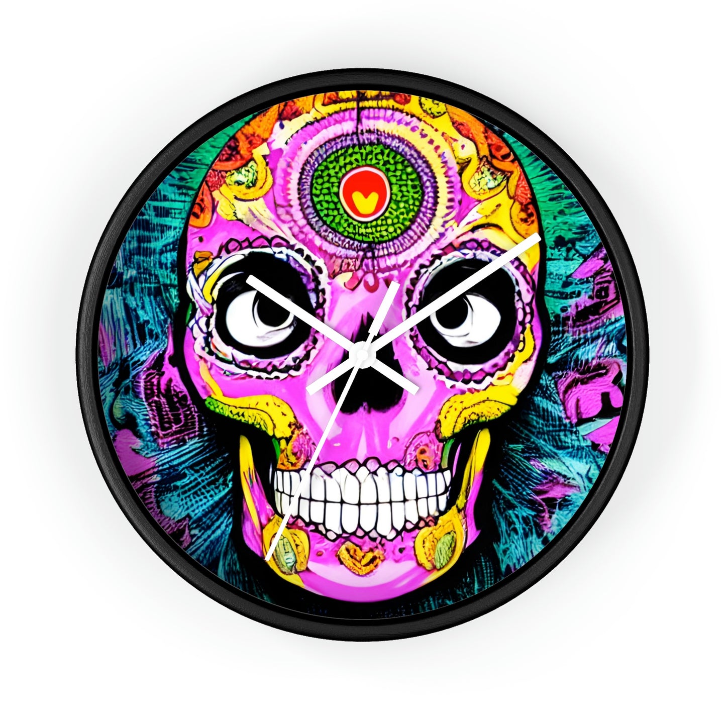 Trippy psychedelic Skull Skeleton Head Face Wall clock