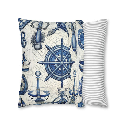 Nautical Theme Art - Anchors, Ropes, Compass Spun Polyester Square Pillow Case