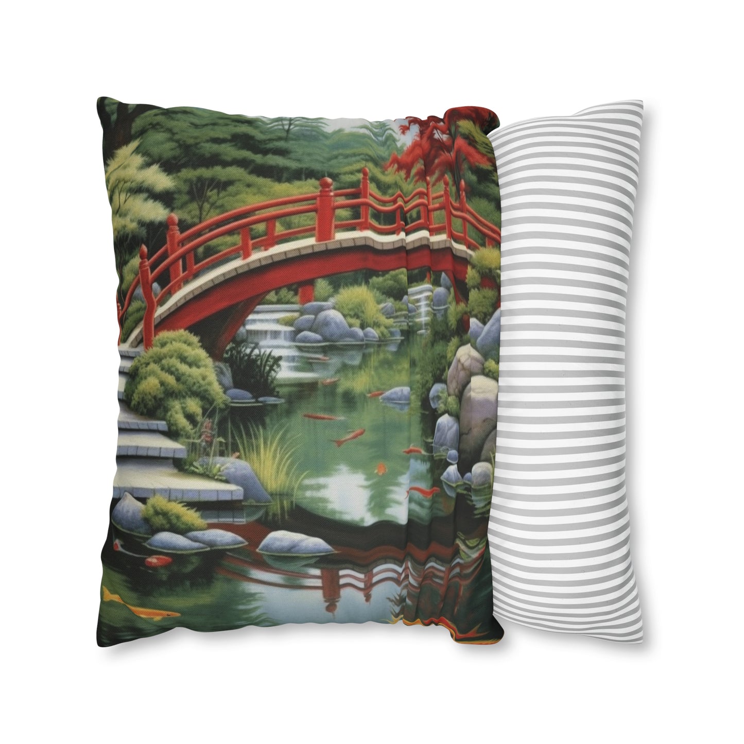 Japanese Garden Art - Tranquil Koi Pond Red Bridge Spun Polyester Square Pillow Case