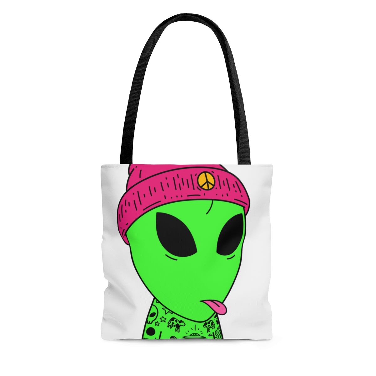 Pink Tongue Peace Hat Alien Tattoos UFO Space Extraterrestrial Visitor AOP Tote Bag