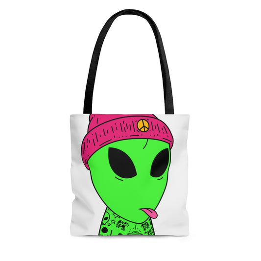 Lengua rosada Sombrero de la paz Tatuajes extraterrestres OVNI Espacio Extraterrestre Visitante AOP Bolsa de tela 