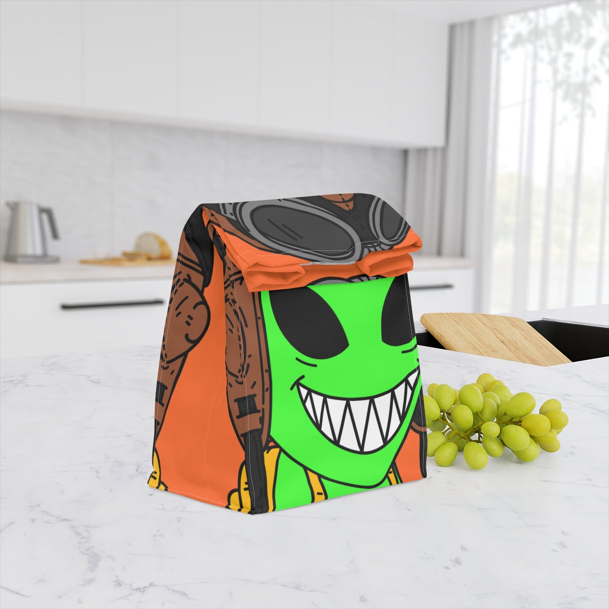 Aviator Flying Cap Green Alien Visitor Big Smile Teeth Yellow Backpack Polyester Lunch Bag