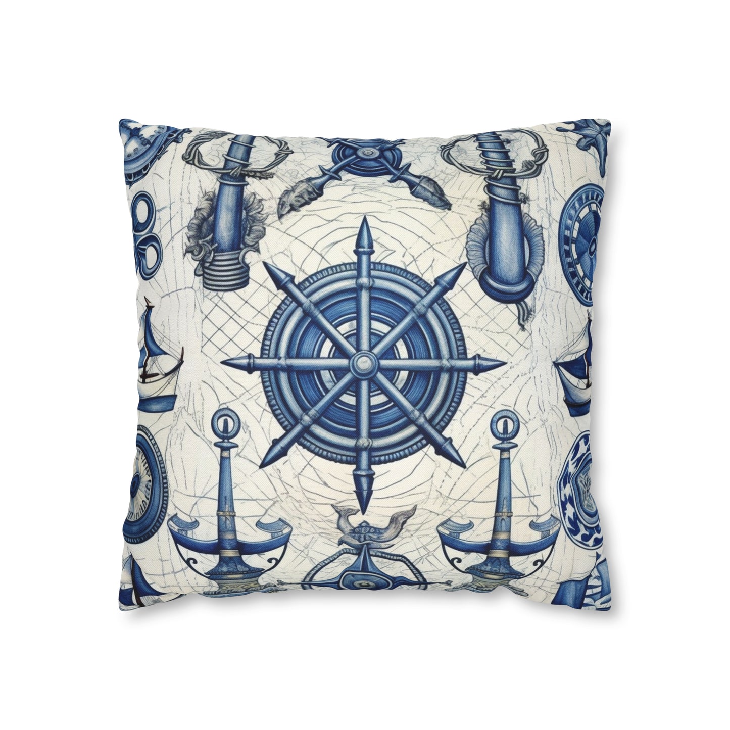 Nautical Theme Art - Anchors, Ropes, Compass Spun Polyester Square Pillow Case