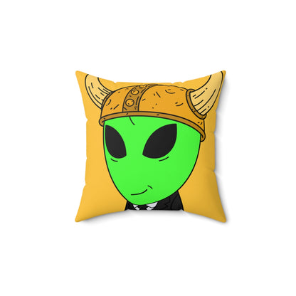 Green Smirk Face Alien Viking Helmet Black Business Suit Visitor Spun Polyester Square Pillow