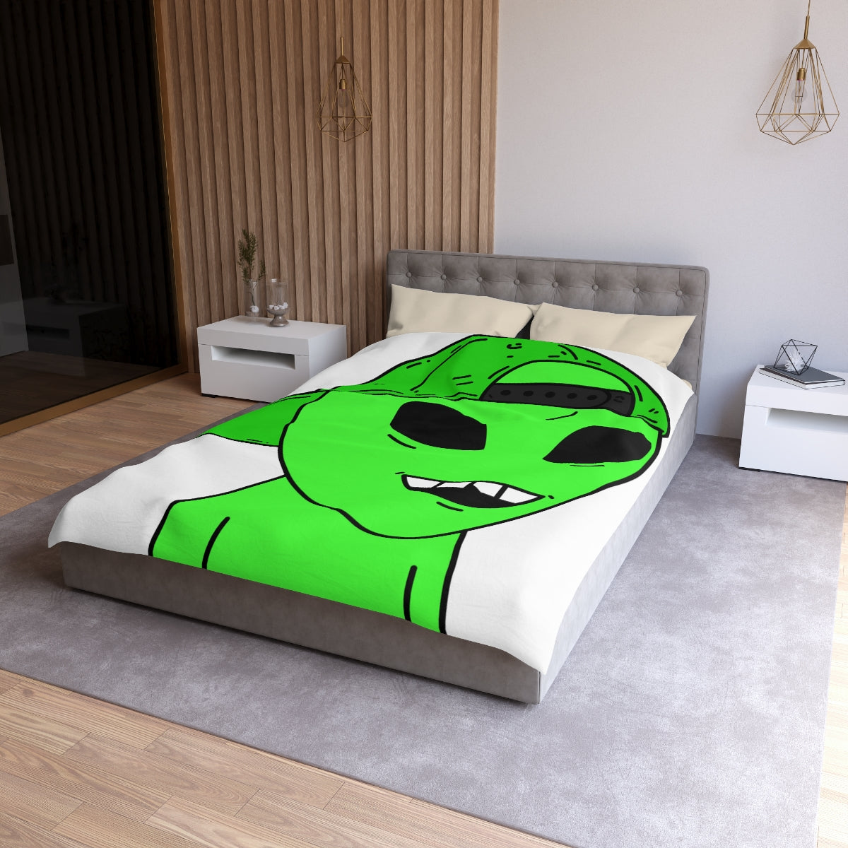 The Green Alien Visitor with Hat Microfiber Duvet Cover