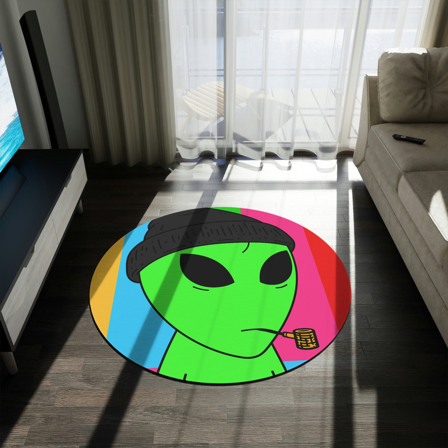 Pipe Smoking Green Visitor Black Hat Alien Round Rug - Visitor751