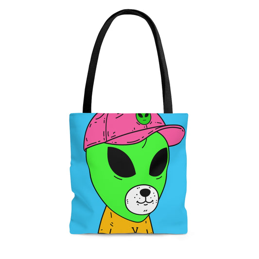 Cara de oso de perro visitante extraterrestre verde Camisas VT amarillas Sombrero Visi rosa AOP Bolsa de tela 