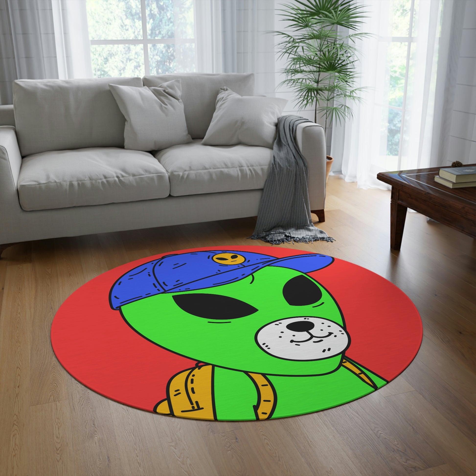 White Dog Bear Mouth Alien Green Visitor Yellow Backpack Blue Visi Hat Round Rug - Visitor751